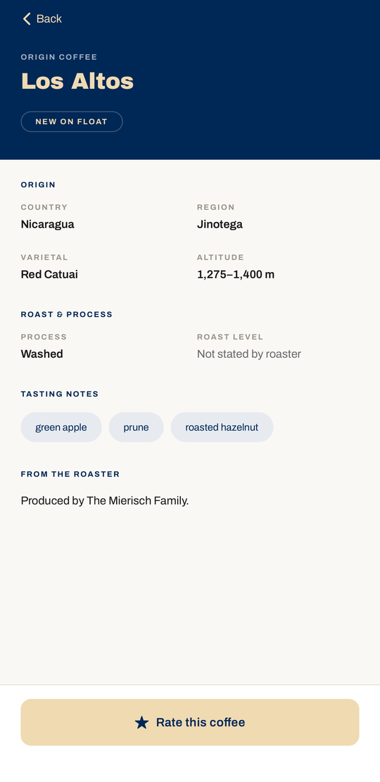 The Float app showing Los Altos by Origin Coffee: Nicaragua, Jinotega, Red Catuai, washed, grown at 1,275–1,400 m, with green apple, prune and roasted hazelnut tasting notes.