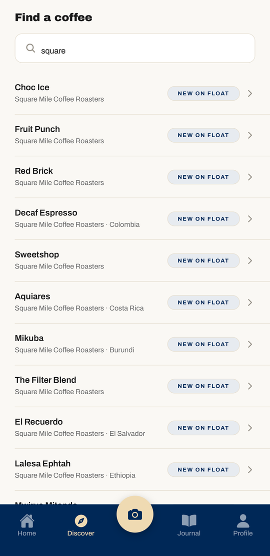 Search results in Float for “square”, listing thirteen Square Mile Coffee Roasters beans including Choc Ice, Red Brick and Sweetshop.